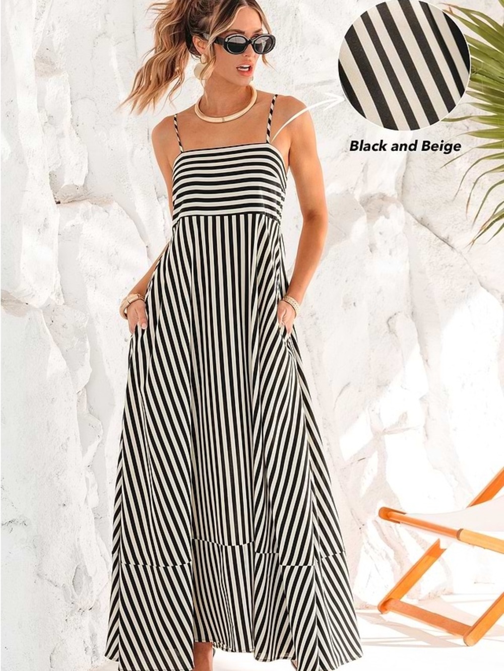 Cupshe Striped Black and Beige Spaghetti-Strap Maxi Dress size small